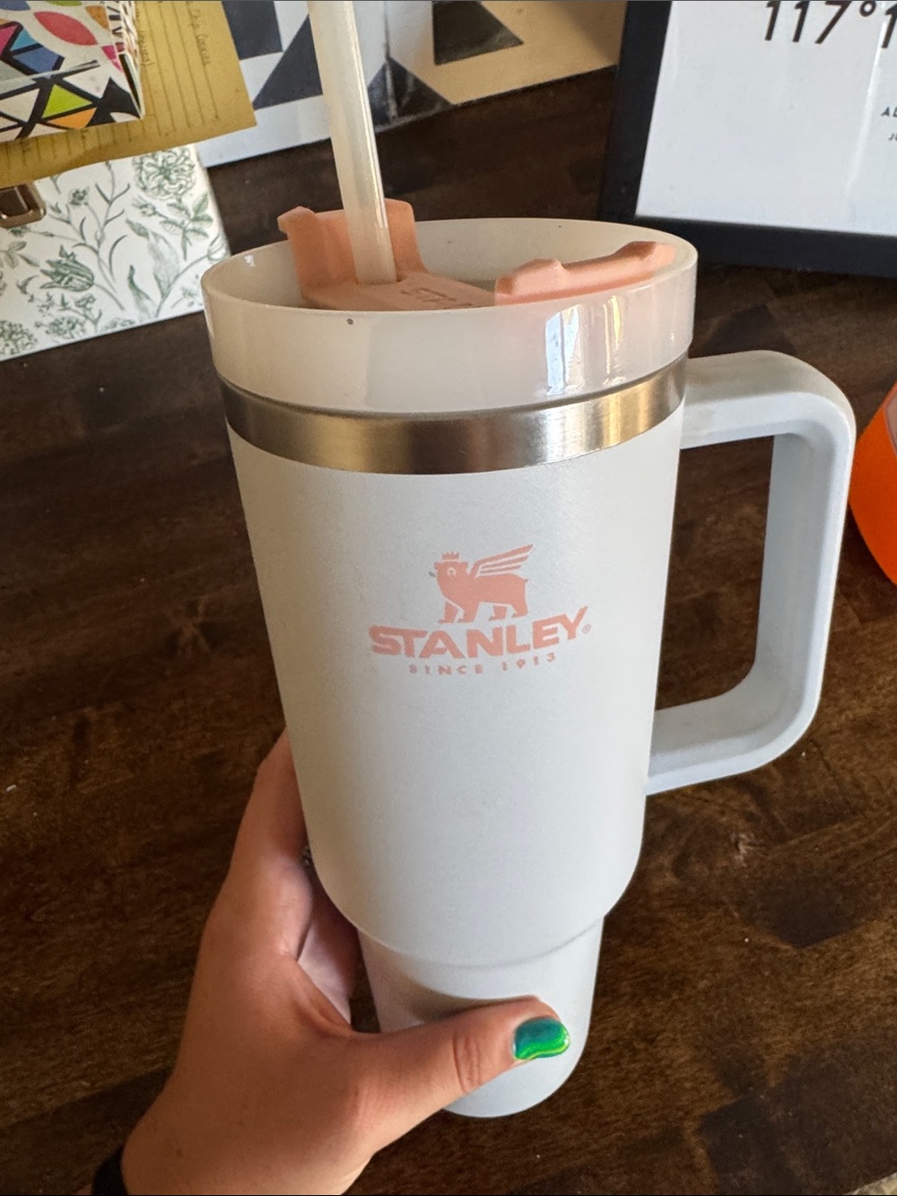 Stanley White Travel Mug with Pink Logo and Lid Accent
